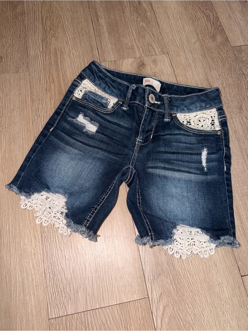 SO Dark Blue Denim Shorts with White Lace Insets